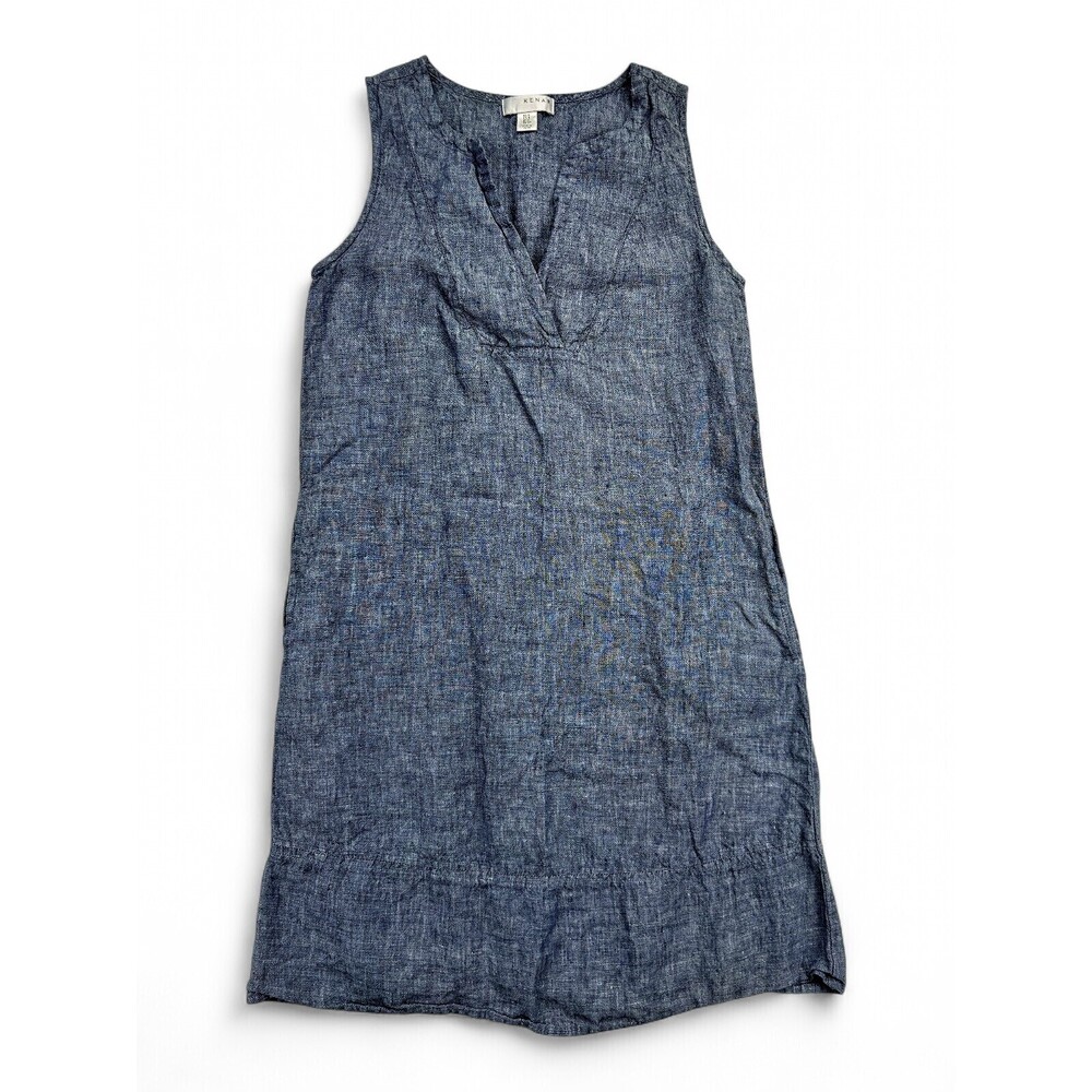 Kenar Chambray Linen V-Neck Midi Dress Sleeveless‎ S
